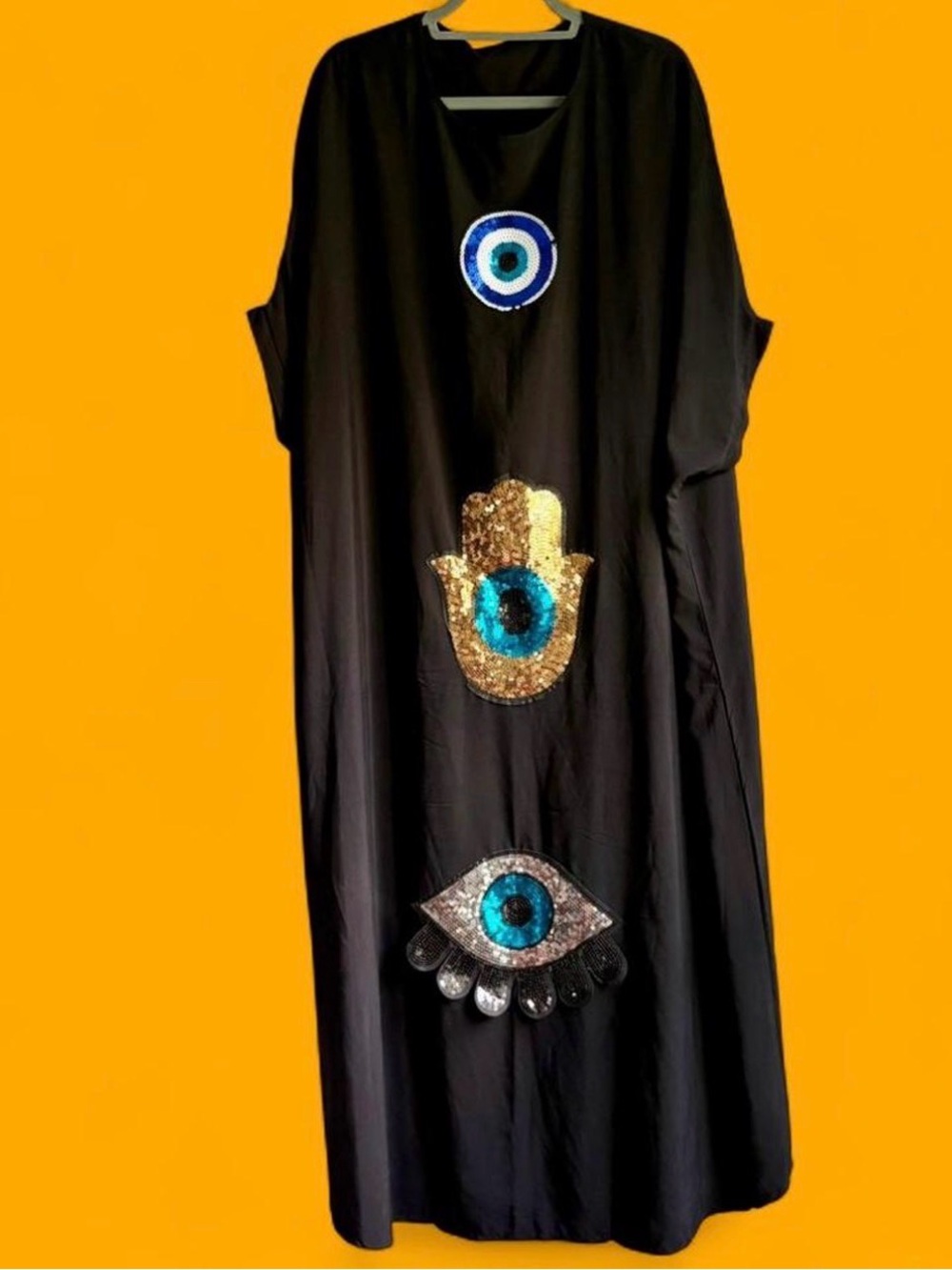 Black Kaftan Dress with Blue Sequin Evil Eye and Gold Hamsa